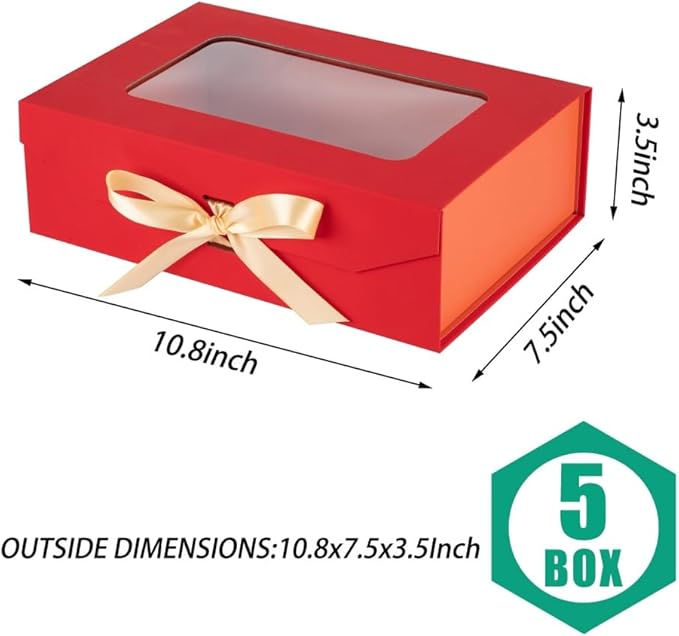 5 Pcs Red Gift Box for Presents with Ribbon 10.8x7.5x3.5 Inches Clear Gift Box with Window Magnetic Closure Gift Boxes with Lids-NeatNest