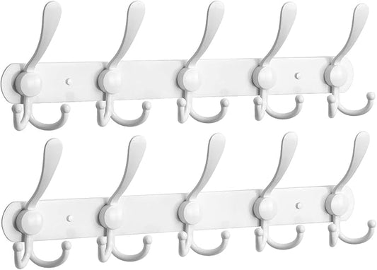NearMoon Coat Rack Wall Mounted-2 Pack, Heavy Duty Bath Towel Hooks Stainless Steel Robe Hooks Holder, Metal Coat Hook for Towel Coat Hat Key Bathroom Bedroom Hotel Entryway (5 Hooks, White)