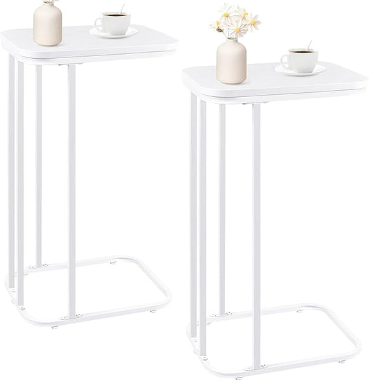 C Shaped End Table Set of 2, Small Side Table for Sofa and Bed, Couch Tables That Slide Under, Tall Tv Tray Table for Living Room, Bedroom, Snow White
