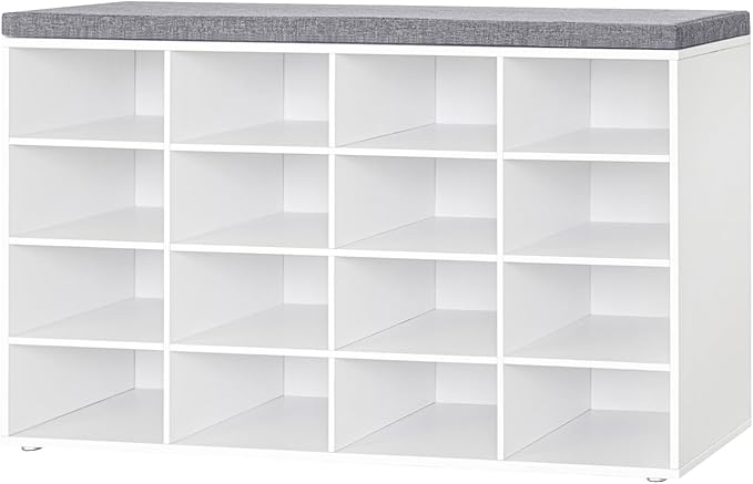 DINZI LVJ Shoe Storage Bench with Cushion, 16-Cubby Shoe Rack, Adjustable Shelves, Multifunctional Shoe Organizer Bench for Entryway, Mudroom, Hallway, Living Room, Bedroom and Garage, White-NeatNest