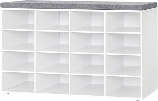 DINZI LVJ Shoe Storage Bench with Cushion, 16-Cubby Shoe Rack, Adjustable Shelves, Multifunctional Shoe Organizer Bench for Entryway, Mudroom, Hallway, Living Room, Bedroom and Garage, White-NeatNest