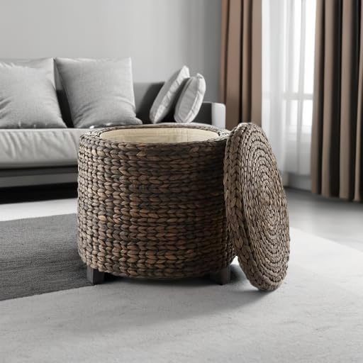 Casafield 17" Round Storage Ottoman with Lid - Espresso, Handwoven Water Hyacinth Footstool for Living Room, Bedroom, Bathroom, Home Office-NeatNest