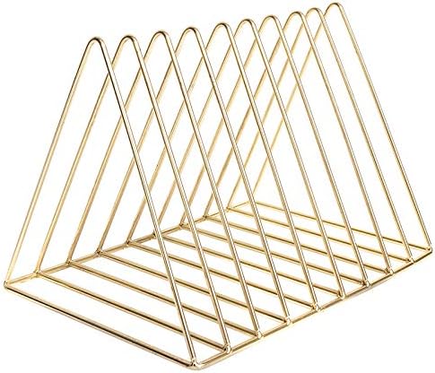 Gold Metal Vinyl Record Holder,Vertical Record Player Holder,File Organizer for Desk,Desktop File Sorters,Paper Organizer and Record Holder Stand,Triangle Upright 9 Lattice Vinyl Rack Stand,1Pack