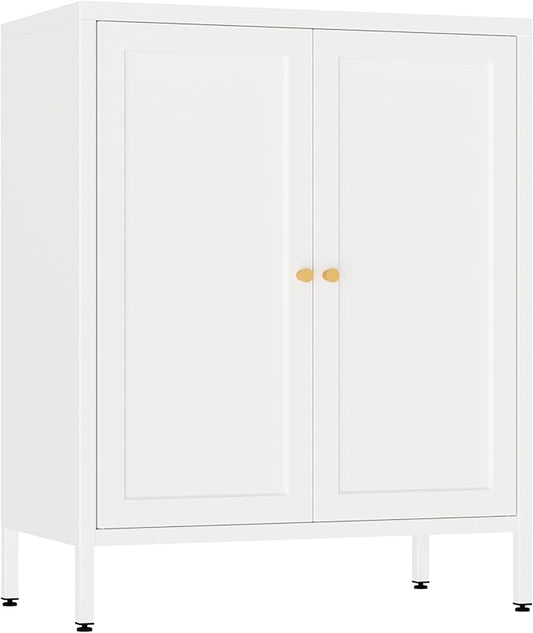2 Door Metal Accent Cabinet, Small Sideboard, Locker Style Accent Storage Cabinet with Doors and Adjustable Shelves for Home, Office, Living Room, Kitchens (Square Door, White)