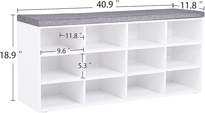DINZI LVJ Shoe Storage Bench with Cushion, Cubby Shoe Rack with 12 Cubbies, Adjustable Shelves, Multifunctional Shoe Organizer Bench for Entryway, Mudroom, Hallway, Closet and Garage, White-NeatNest
