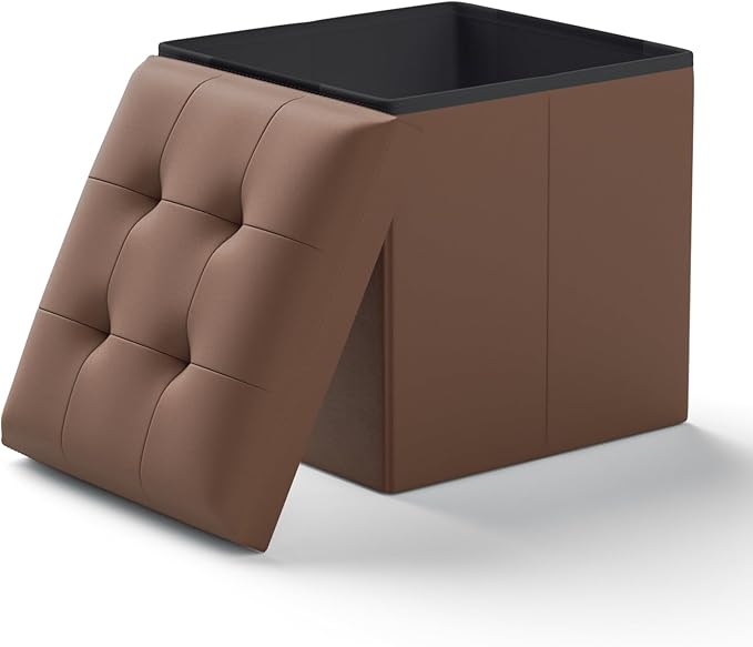 Ottoman Folding Storage Bench, 15x15x15 Inch, Foot Rest Stool for Living Room, Bedroom, Entryway, End of Bed - Multi-Functional Ottoman with Storage Brown