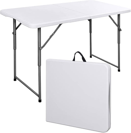 Folding Table 4 Foot Height Adjustable Fold-in-Half Table with Carrying Handle, Small Card Table Indoor Outdoor Use, White-NeatNest
