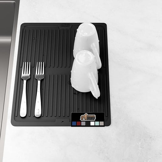 GORILLA GRIP 100% BPA-Free Patented Silicone Dish Drying Mat for Kitchen Counter, Water Catching Ribbed Design, Easy Clean Waterproof Sink Liner, Heat Resistant, Fits Under Rack, 13x11 Inch, Black