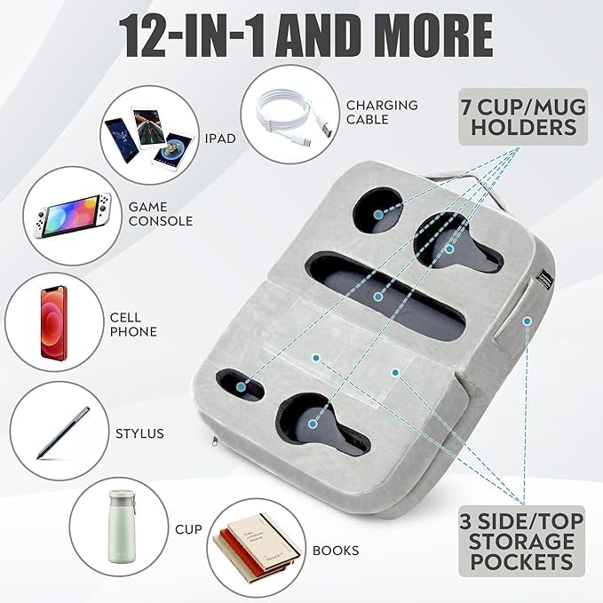 Couch Cup Holder Tray Pillow - Bed, Couch Caddy, Sofa, RV & Car - Holds Drinks, Snacks, Remotes, Phones, Kindle, Tablet | Bed Cup Holder (Grey)-NeatNest