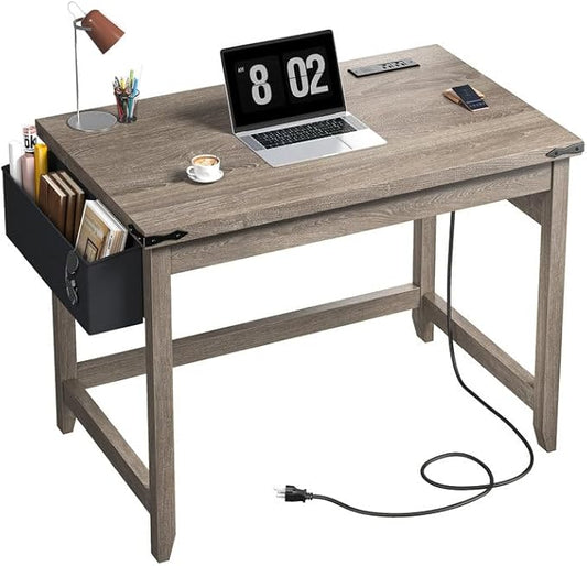 EnHomee 32 Inch Small Desk with Detachable Storage Bag, Modern Simple Computer Desk with Power Outlet, Study Writing Table for Small Spaces, Study Desks for Bedroom, Ash Gray-NeatNest