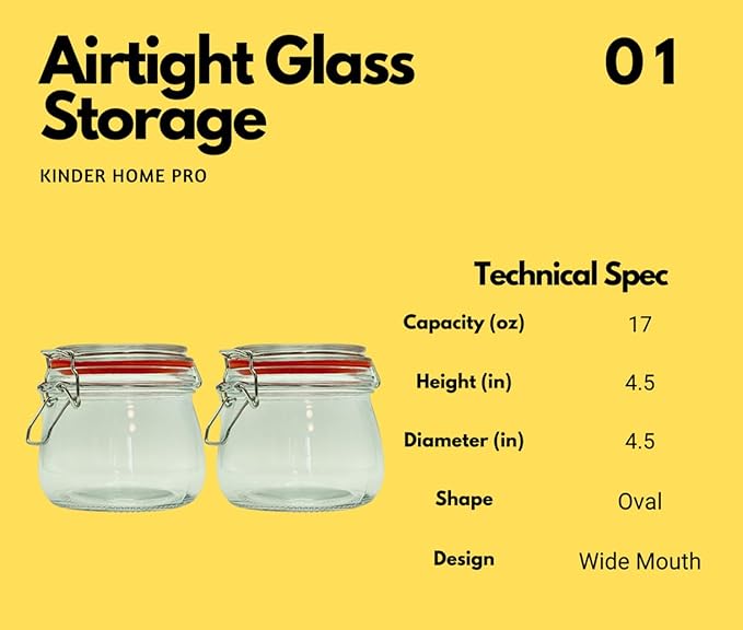 Generic Set of 2 airtight wide mouth glass jar with lid 17oz 0.5 liter Clear Glass Kitchen, Pantry Organizer. Keep your food, grains coffee, tea, cookies and candies dry, fresh. (Oval PC11002-F)