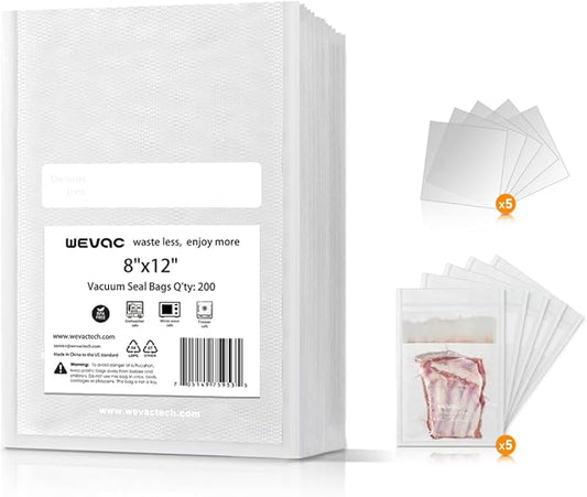 8" x 12" Precut Vacuum Sealer Bags, 200 Count, Includes 5 Liquid Block Bags & 5 Bone Guard Pieces, Heavy Duty for Food Storage, Sous Vide & Meal Prep, Wevac-NeatNest