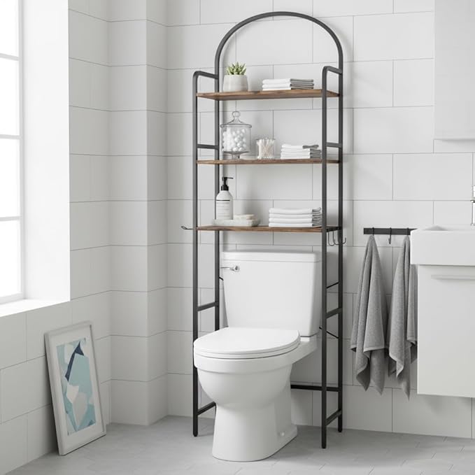 Homhedy 3-Tier Over The Toilet Storage with 4 Hooks and Paper Holder, Space Saving, Bathroom Organizer with Adjustable Feet, Metal Frame and Wooden Shelf,Rustic Brown and Black