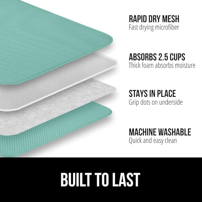 GORILLA GRIP Ultra Water Absorbent Microfiber Dish Drying Mat, Quick Dry Thick Mesh, Slip Resistant Pad for Sink Dishes or Under Rack, Kitchen Counter Accessories, 16x18, Machine Wash Mats, Mint