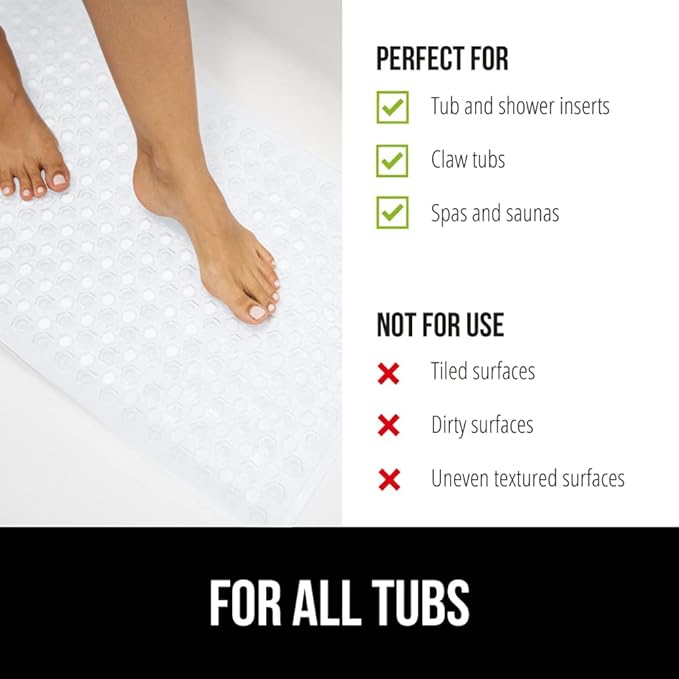 GORILLA GRIP Patented Bath Tub Shower Mat, Machine Washable Bathtub Floor Liner Mats, Suction Cups and Drain Holes to Keep Tubs Clean, Soft on Feet, Bathroom Essentials, 35x16 Inch, White-NeatNest