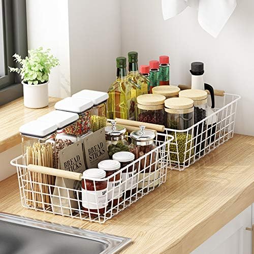 LeleCAT White Wire Baskets for Organizing with Handles，Pantry Organizers and Storage For Kitchen, Household Snack Basket for Cabinets, Closets, Bedrooms,food - Set of 4(White)-NeatNest