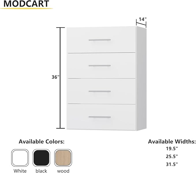 4 Drawer Short Tower, Modular Wood Closet System Organizer with Storage, Clothing Rack for Hanging Clothes, White, 25.5"W