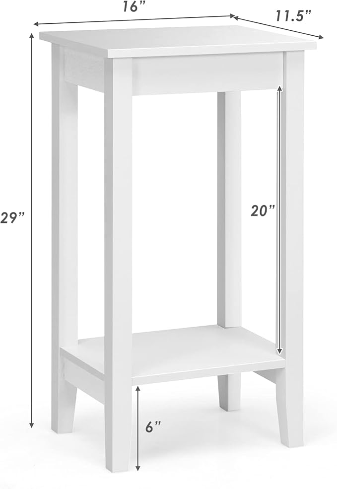 Giantex 2-Tier End Table Tall Set of 2 Nightstand, Simple Design Sofa Bedside Table with Versatile Shelf and Wooden Legs for Small Spaces, Living Room, Study, Bedroom, Narrow Telephone Table, White