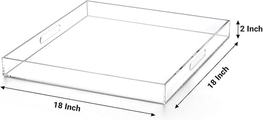 Clear extra large Ottoman Tray with Handles 18"x18"x2" Spill proof Acrylic Serving Tray Organizer Tray Decorative safe edge tray For Living Room Entryway Bedroom Kitchen Coffee Table coutertop-NeatNest
