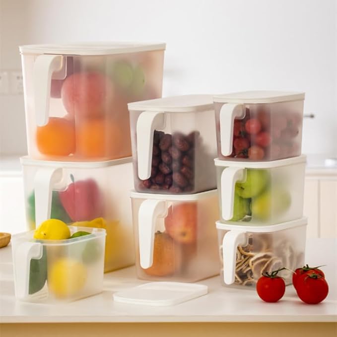 MineSign 4Pack 8L Plastic Storage Containers with Lid Large Square Food Storage Organizer Stackable Refrigerator Organizer with Handle Kitchen Containers for Fruits Vegetables Meat Egg