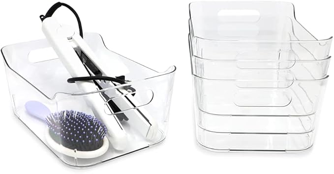 Isaac Jacobs 4-Pack Small Clear Storage Bins (9.4” x 6.7” x 4.1”) w/Handles, Plastic Box Set, Home, Office, Fridge, Freezer, Kitchen, Pantry Organization Container, BPA-Free/Food Safe (Small, 4-Pack)