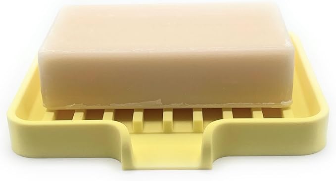 Happitasa Silicone Soap Dish Tray and Sponge Holder with Drain Chute, Pack of 2 | Bathroom and Kitchen Sink Organizer Caddy (Pale Yellow, 5.2"x4", 7.2 Ounces)-NeatNest