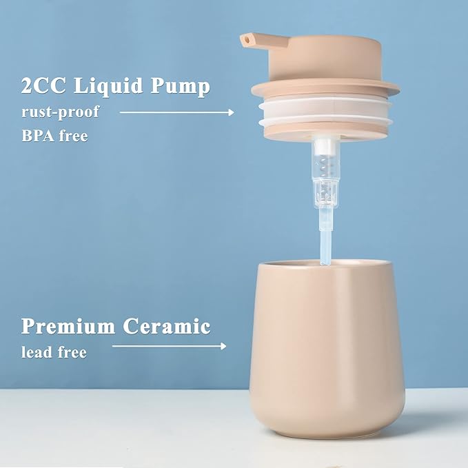 BosilunLife Hand Soap Dispenser - Ceramic Dish Soap Dispenser for Bathroom 12ounce Refillable Liquid Hand Wash Dispenser for Essential Oil, Lotion Soap, Khaki-NeatNest