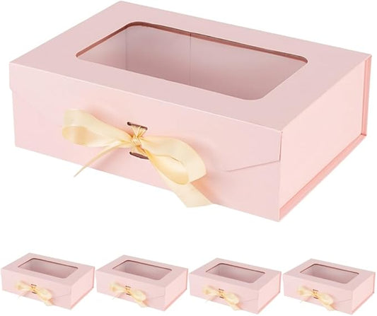 5 Pcs Pink Gift Box for Presents with Ribbon 10.8x7.5x3.5 Inches Clear Gift Box with Window Magnetic Closure Gift Boxes with Lids-NeatNest