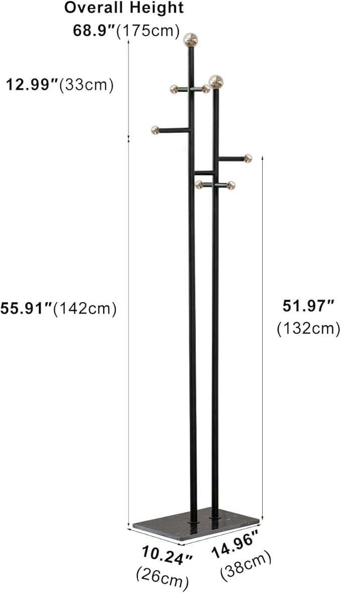 Coat Rack Freestanding with Square Marble Base Heavy Duty Metal Clothes Rack Hanging Stand for Entryway Bedroom Living Room Hotel 14.96 x 10.24 x 68.9 Inches (Black)-NeatNest