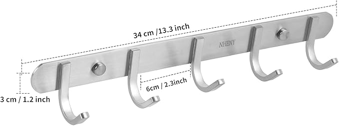 Coat Hook Rack Hanger –Towel Hook Rail with 5 Hooks 13-Inch Wall Mounted for Bedroom, Bathroom, Hallway, Garage, Garden, Office, 304 Stainless Steel Brushed Nickel, Easy Installation (Silver)-NeatNest