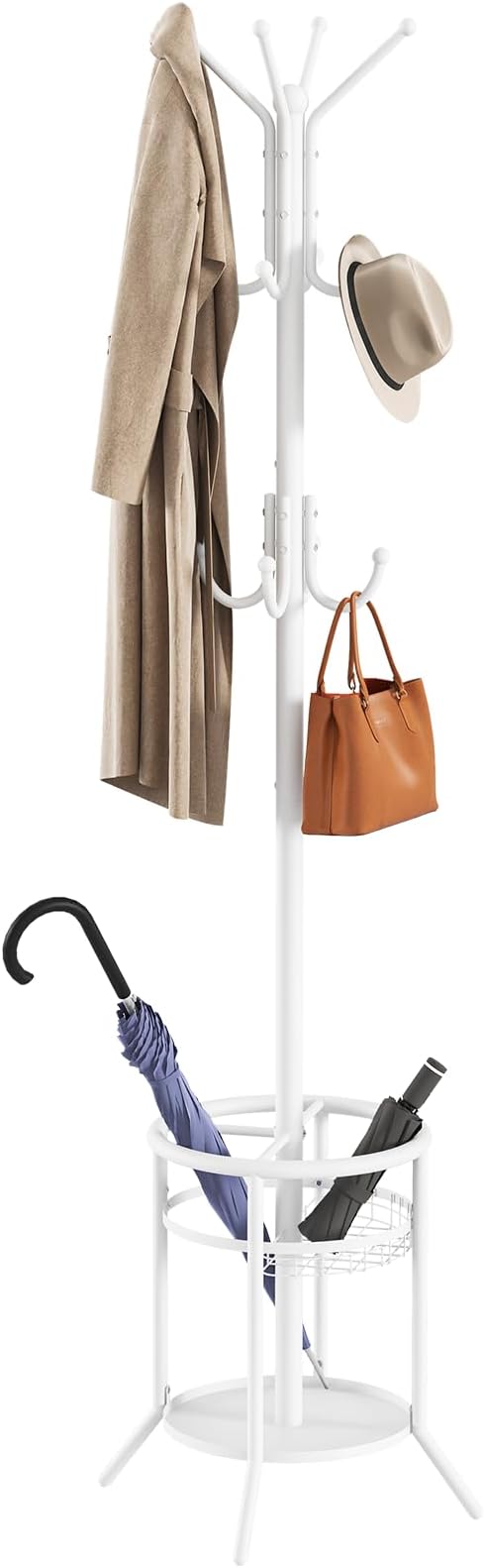 ELYKEN Coat Rack Freestanding, Metal Coat Rack Stand with Umbrella Holder, Modern Coat Tree with 12 Hooks, Floor Standing Corner Hall Tree for Entryway Living Room Bedroom Office, White-NeatNest