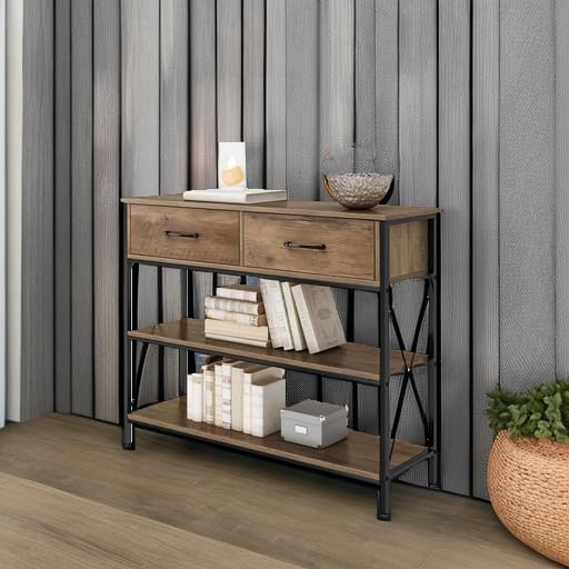 HITHOS Industrial Console Table with Drawers, Vintage Hallway Foyer Table with Storage Shelves, Narrow Long Sofa Entryway Table for Living Room, Rustic Brown-NeatNest