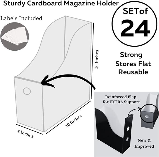Evelots Magazine File Holder - Set of 24 Black - Office Desk Organizer - Sturdy Cardboard - New Upgraded Double Front Panel for More Stability - Full 4 Inch Wide - Easy Assemble