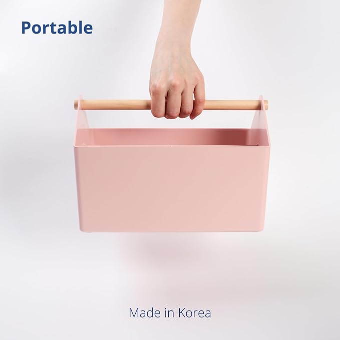 BLUE GINKGO Medium Storage Basket – Plastic Caddy with Wooden Handle for Office, Arts & Crafts, or Home Supplies (Pink)-NeatNest