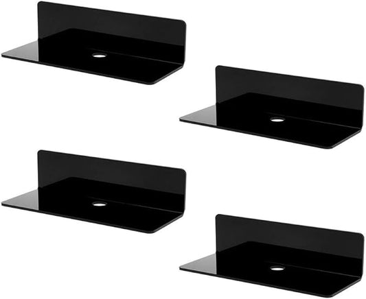 IEEK 4 PCS Small Acrylic Floating Wall Shelves,9 Inch Adhesive Display Shelf for Nintendo Switch/Smart Speaker/Security Cameras/Action Figures,No Damage Expand Wall Space,Black-NeatNest