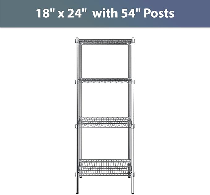 18" x 24" NSF Chrome 4-Shelf Kit with 54" Posts, Commercial Storage Rack Unit, Heavy Duty Storage Shelving, Wire Shelving Kit, Adjustable Rack Strong Steel, Multipurpose Wire Shelf