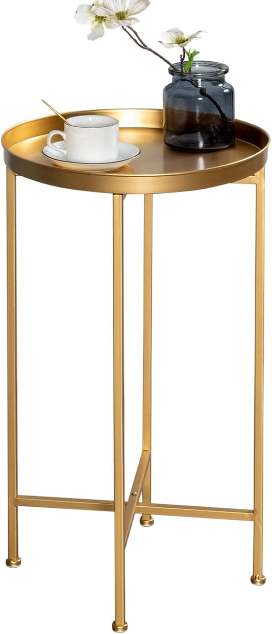 HollyHOME Small Round Metal Waterproof End Table, Accent Indoor&Outdoor Side Table, Sofa Table for Living Room, Anti-Rust Decorative Plant Stand, (D) 14.5" x (H) 25", Golden-NeatNest