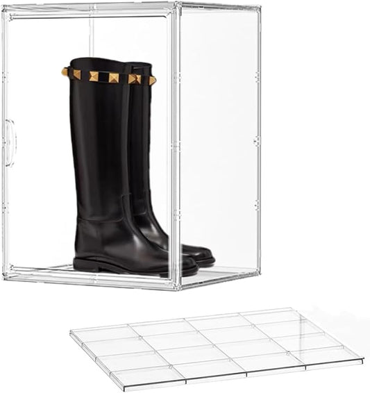 Acrylic Display Case with an Adjustable Divider, 2 Tiers XXX-Large Boot Shoe Storage Boxes Clear Plastic Stackable Storage Bin with Lids Super Large Clear Display Box for Shoes, Collectibles-NeatNest