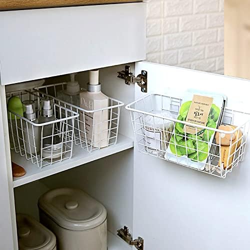 LeleCAT Hanging Kitchen Baskets For Storage Adhesive Sturdy Small Wire Storage Baskets No Drilling Wall Mounted Kitchen Food Pantry Bathroom Shelf Storage, 4 PACK,White-NeatNest