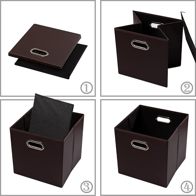 PRANDOM Leather Foldable Cube Storage Bins 13x13 inch [2-Pack] Fabric Storage Baskets Cubes Drawer with Cotton Handles Organizer for Shelves Nursery Closet Bedroom Clothes Brown-NeatNest