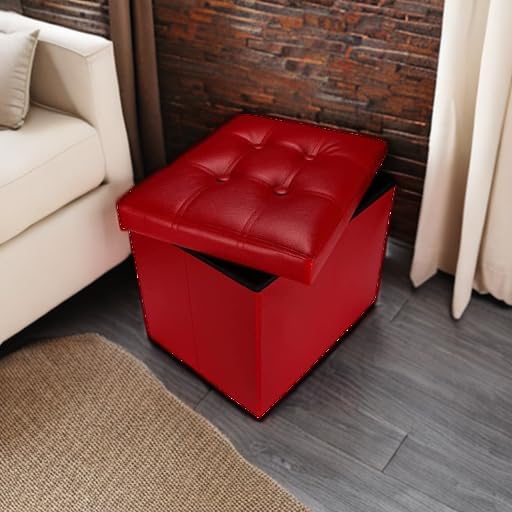 AmasSmile Storage Ottoman Folding Foot Rest Stool, Leather Footstool Bench, Short Ottoman Stool, Storage Foot Rest Store, Books (Red, 17" D x 13" W x 13" H)-NeatNest