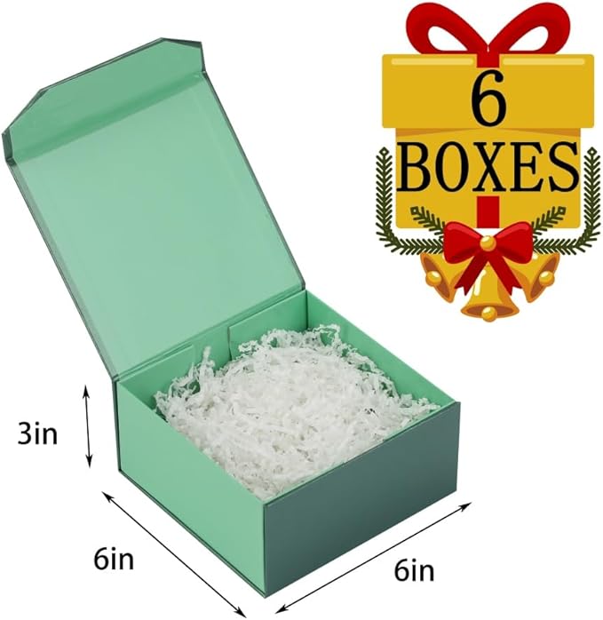 6 Pcs Small Green Gift Box 6x6x3 Inch Magnetic Gift Box Small Magnetic Box with Crinkle Paper Green Small Gift Box with Shredded Paper Luxury Gift Boxes with Lids for Presents-NeatNest