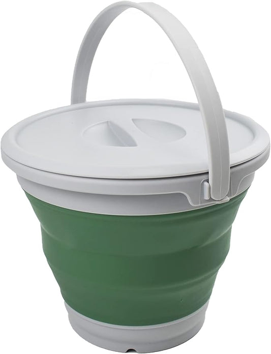 SAMMART 5.5L (1.4 Gallon) Collapsible Plastic Bucket with Lid - Foldable Round Tub with Lid - Portable Fishing Water Pail - Space Saving Outdoor Waterpot. (Grey/Dark Sea Green, 1)