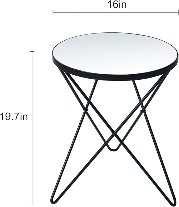 HLR Modern Round Side Table Set of 2, End Table with Marble Effect Top and Gold Metal Frame, Small Side Table for Living Room, Bedroom, Sofa and Couch, Black Legs, Mirror top