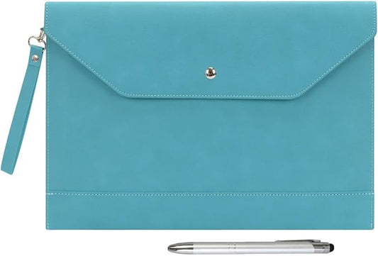 Wonderpool Envelope Case A4 PU Leather File Jacket Pocket Folder Document Case Bag with Removable Hand Strap and 4 Pocket for Documents Tablet Phone Stationery (Cyan)