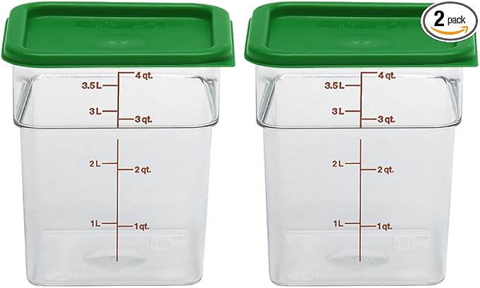 Cambro Food Storage Container with Lid (2 Pack) - Classic Series Square with Green Lid - 4 QT (Quart) - Commercial Grade for Food Prep (Clear)-NeatNest