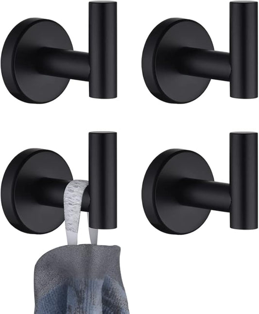 JQK Black Bathroom Towel Hook, Coat Robe Clothes Hook for Bathroom Kitchen Garage Wall Mounted (4 Pack), 304 Stainless Steel Matte Black, TH100-PB-P4-NeatNest