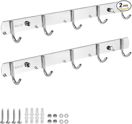 2 Pack 5 Single-Hook Wall Coat Rack - Thickened 304 Stainless Steel Coat Rack Wall Mount, Brushed Nickel Coat Racks for Wall, Silver Wall Mount Hooks for Living Room, Kitchen, Bathroom, Silver