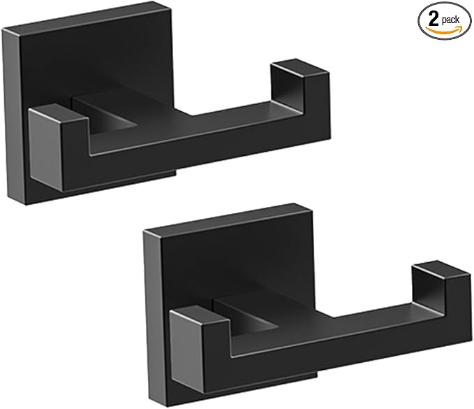 BOZWELL Double Towel Hooks for Bathroom Matte Black Wall Mount，2 Pack Modern Square Style Coat Robe Hook，Stainless Steel Heavy Duty Door Hanger for Bathroom Bedroom Kitchen Hotel Pool 1502-B-2