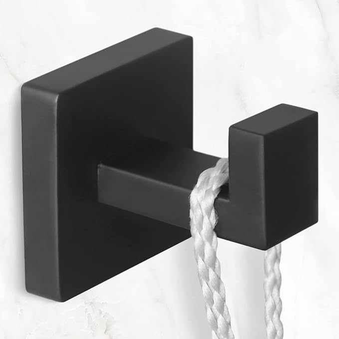 IBosins 8 Pack Towel Hooks Hand Towel Holder for Bathroom Wall Livingroom Bedroom Kitchen Closet Heavy Duty Stainless Steel Hook Hanger for Robe, Bath Towel, Coat (Square Matte Black)